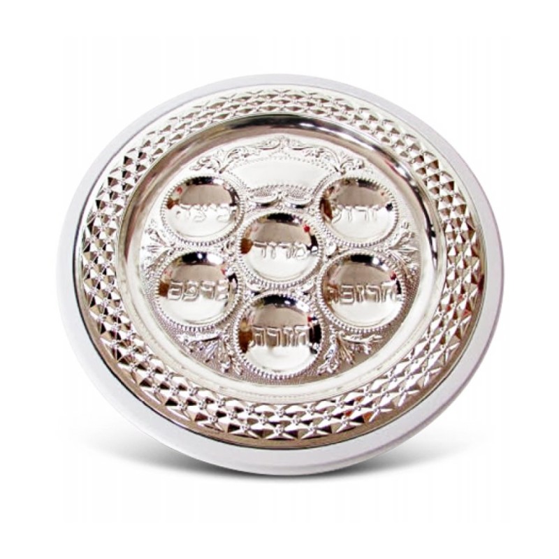 Circular Silver Plated Seder Plate with White Wood B... | Seder Plates