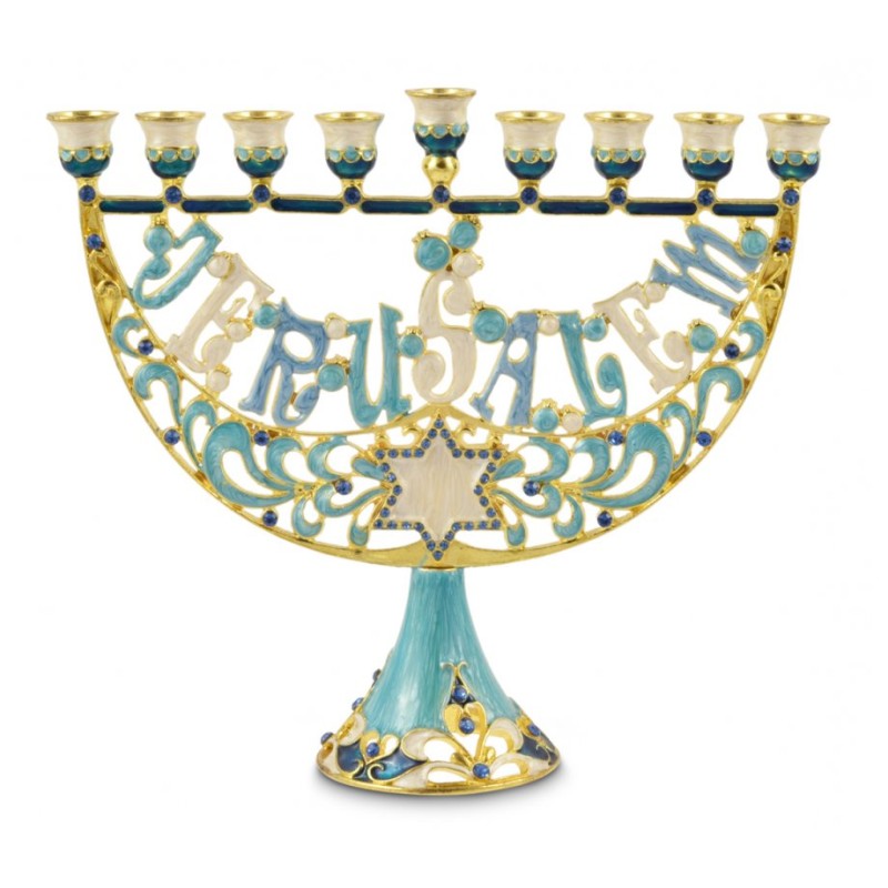 Enamel Menorah Star of David Jerusalem Gold and ... | Hanukkah Menorah
