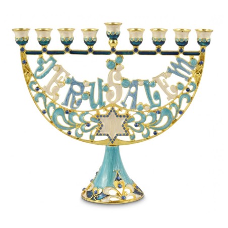 Enamel Menorah Star of David Jerusalem Gold and ... | Hanukkah Menorah