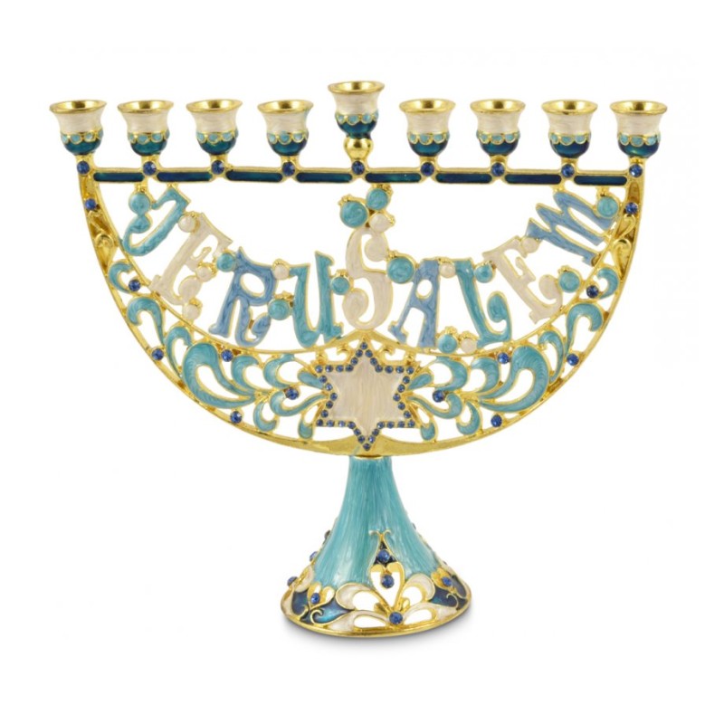Enamel Menorah Star of David Jerusalem Gold and ... | Hanukkah Menorah