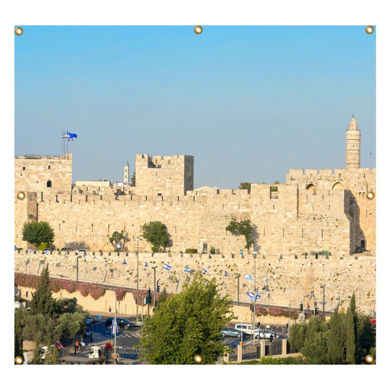 Panoramic Jerusalem Old City Walls Sukkah Sing... | Sukkah Decorations