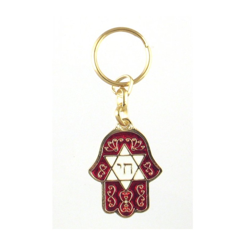 Hamsa Keychain with Hebrew Chai Star of David M... | Judaica Keychains