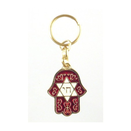 Hamsa Keychain with Hebrew Chai Star of David M... | Judaica Keychains