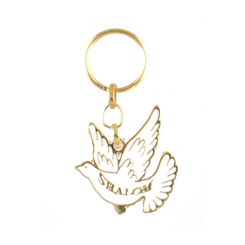 Gold Framed Metal Keychain White Dove with Shal... | Judaica Keychains