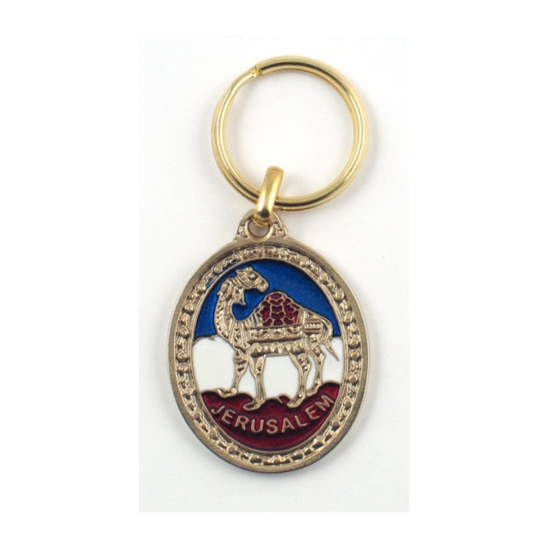Oval Gold Keychain Camel Image with Jerusalem i... | Judaica Keychains