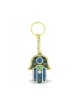 Nickel Plated Hamsa Mazal Keychain Blue and Gold | Judaica Keychains
