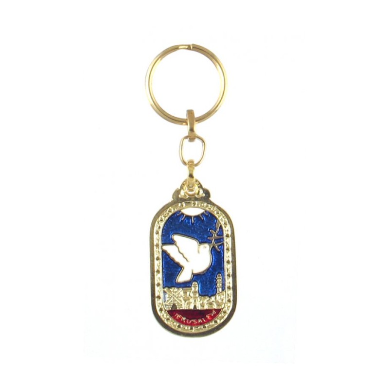Oval Gold Frame Keychain White Dove and Jerusal... | Judaica Keychains