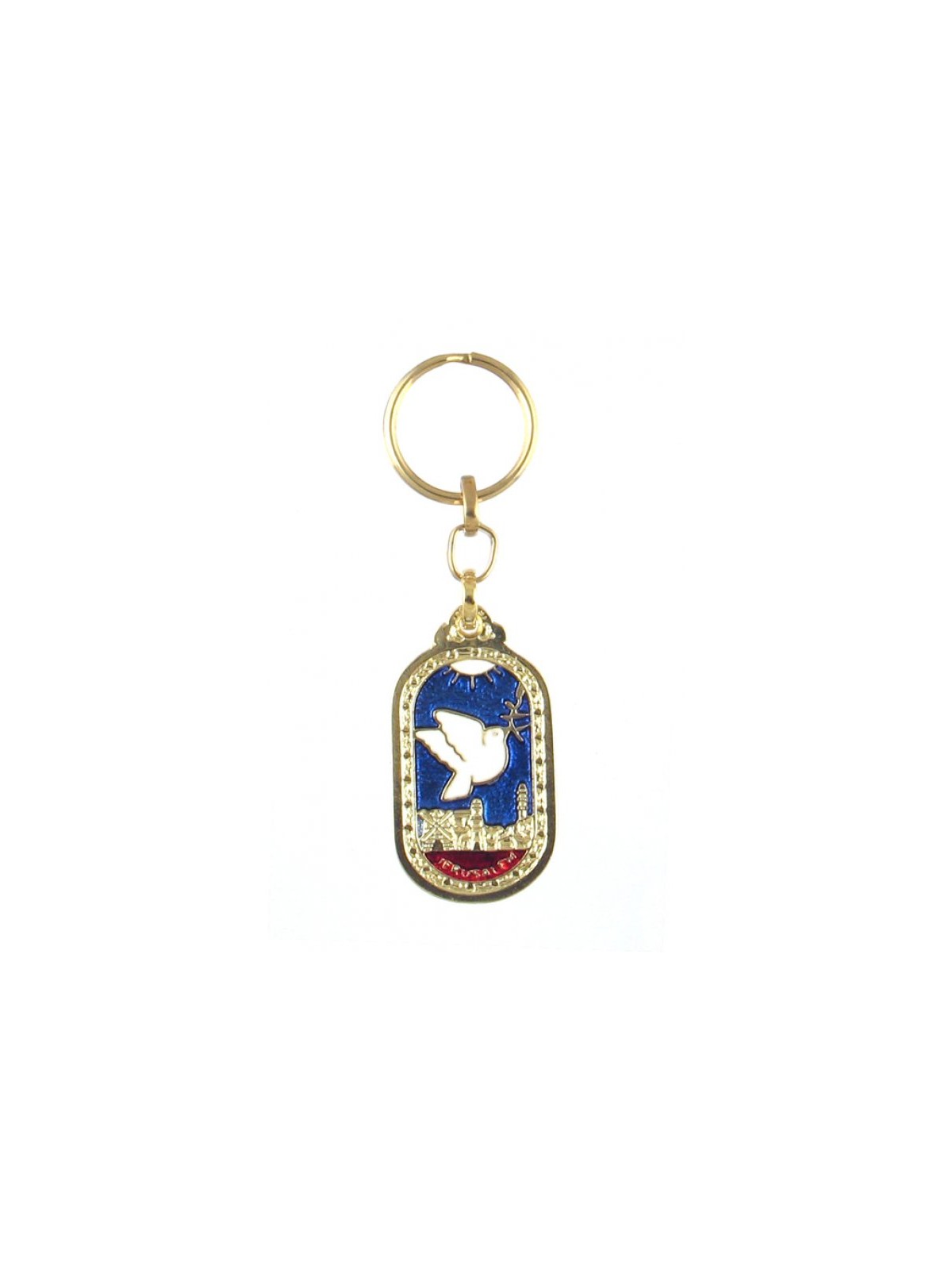Oval Gold Frame Keychain White Dove and Jerusal... | Judaica Keychains