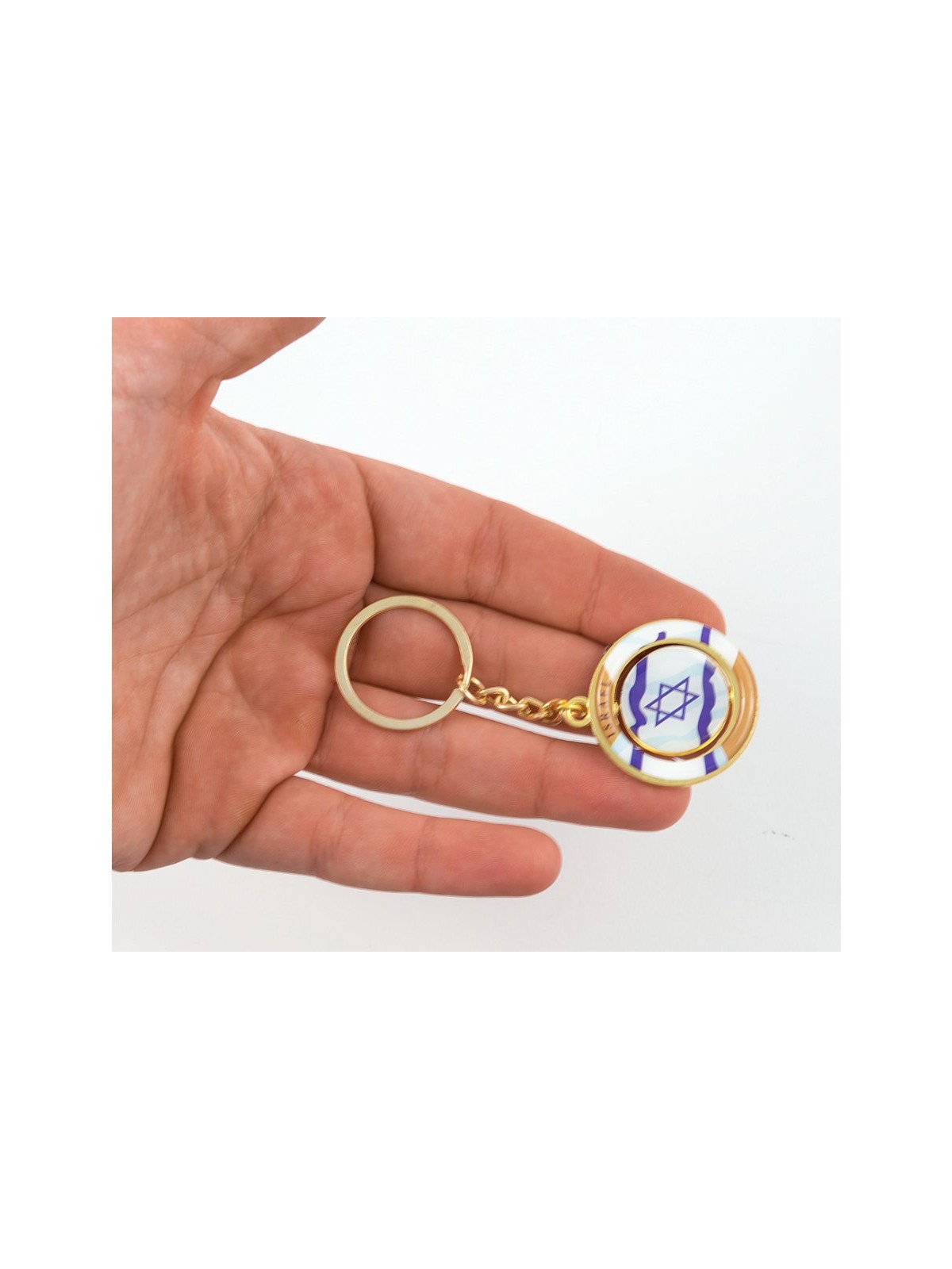 Gold Key Chain with Swivel Center Blue and Whit... | Judaica Keychains