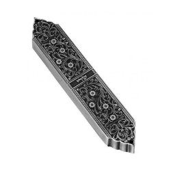 Artistic Mezuzah Case with Pewter Finish Inspired b... | Metal Mezuzah