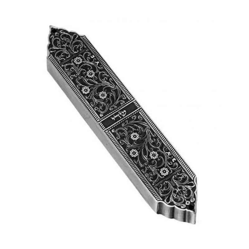 Artistic Mezuzah Case with Pewter Finish Inspired b... | Metal Mezuzah
