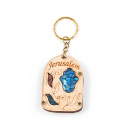 Wood Jerusalem Key Chain with Semi Precious Sto... | Judaica Keychains
