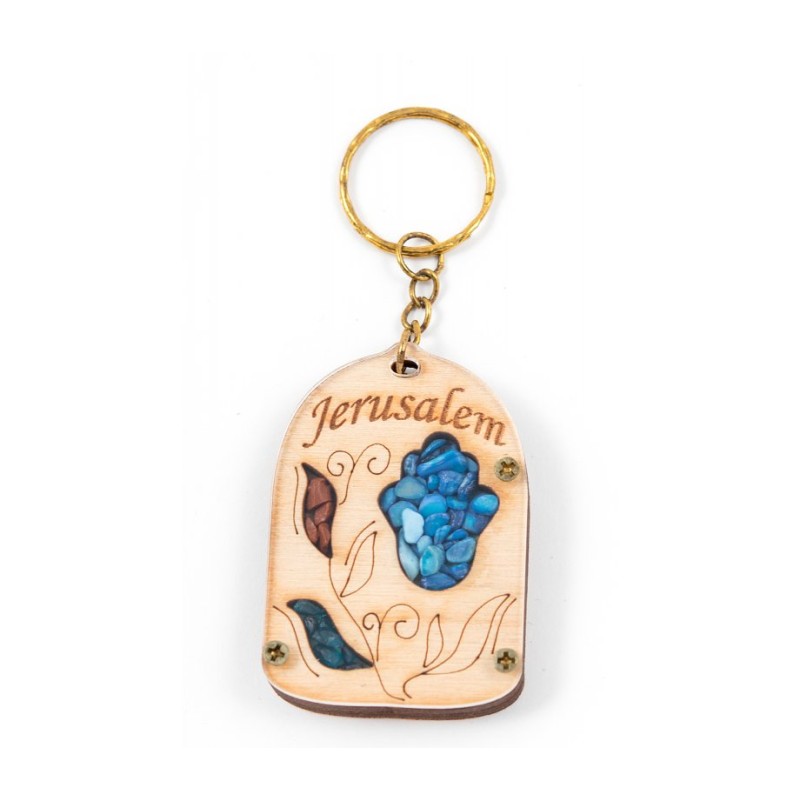Wood Jerusalem Key Chain with Semi Precious Sto... | Judaica Keychains