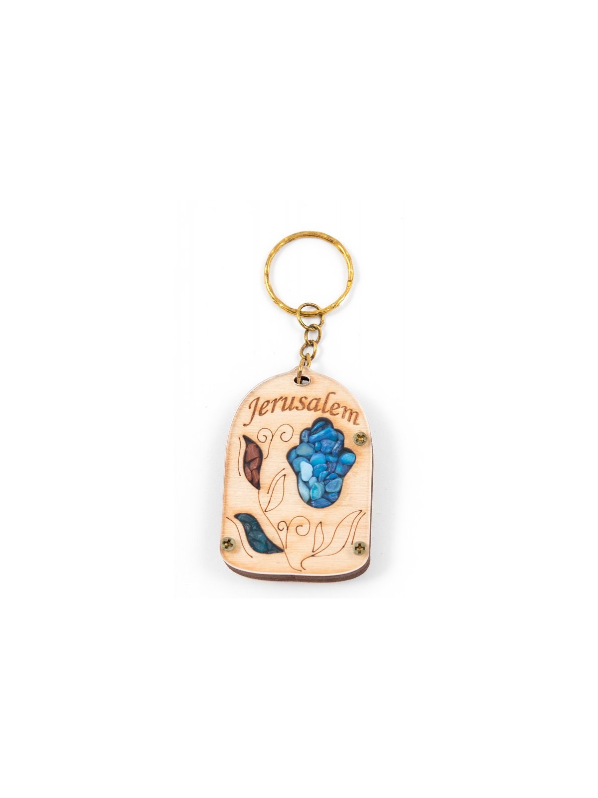 Wood Jerusalem Key Chain with Semi Precious Sto... | Judaica Keychains