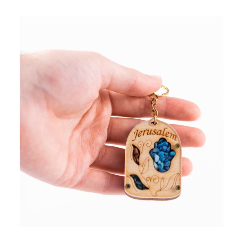 Wood Jerusalem Key Chain with Semi Precious Sto... | Judaica Keychains