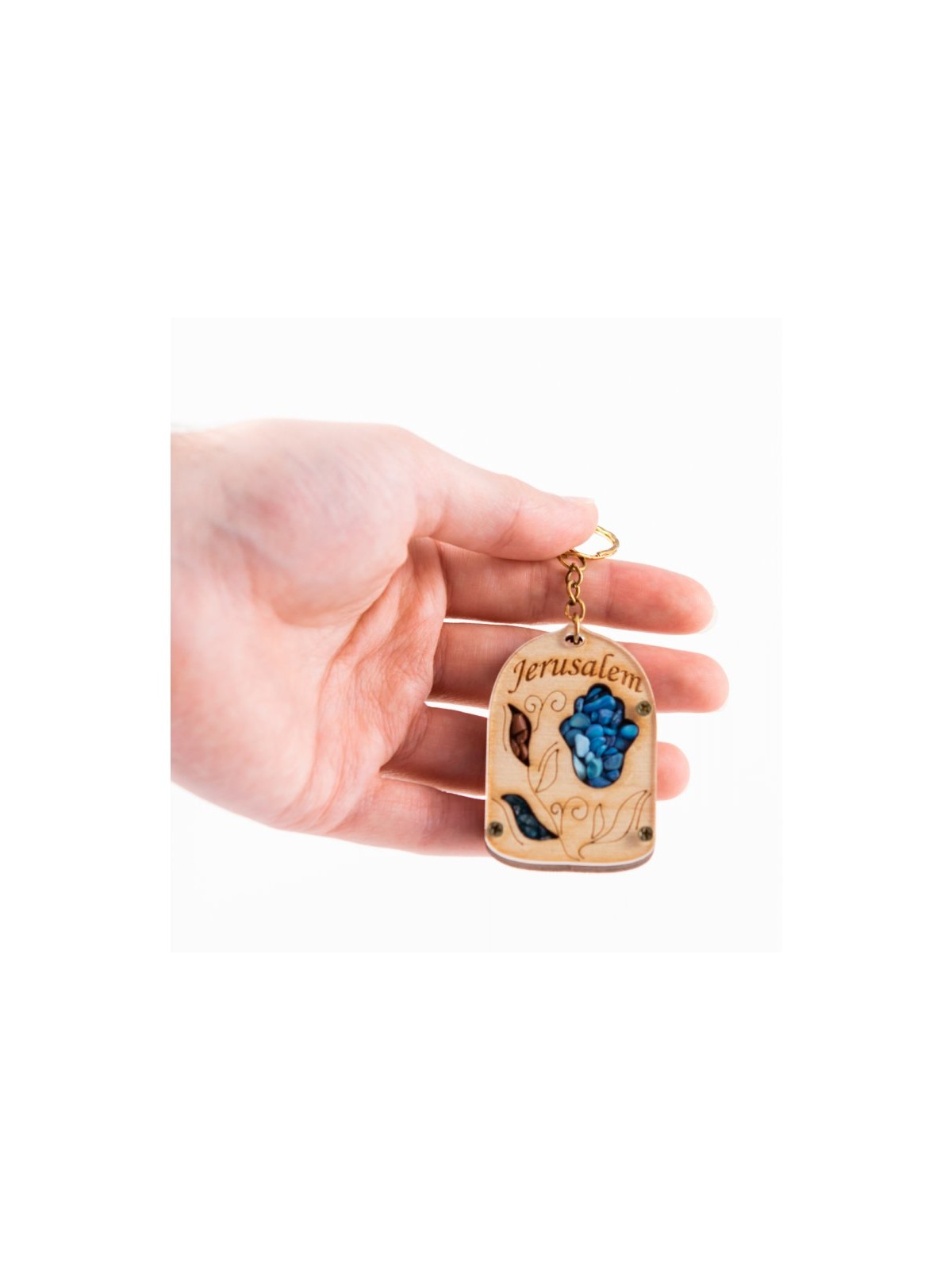 Wood Jerusalem Key Chain with Semi Precious Sto... | Judaica Keychains