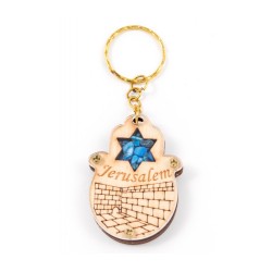 Wood Jerusalem Keychain with Semi Precious Ston... | Judaica Keychains