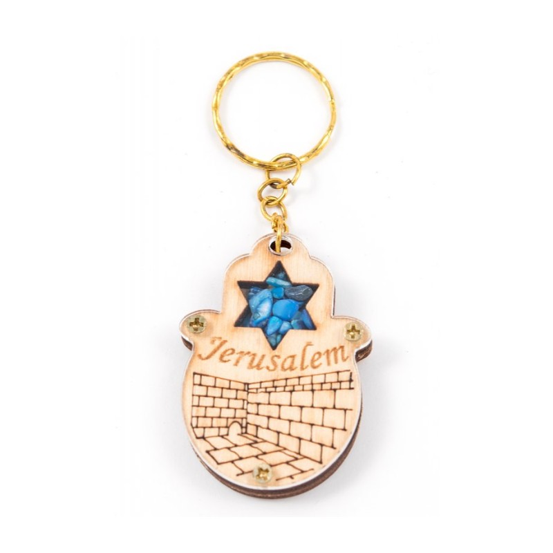 Wood Jerusalem Keychain with Semi Precious Ston... | Judaica Keychains