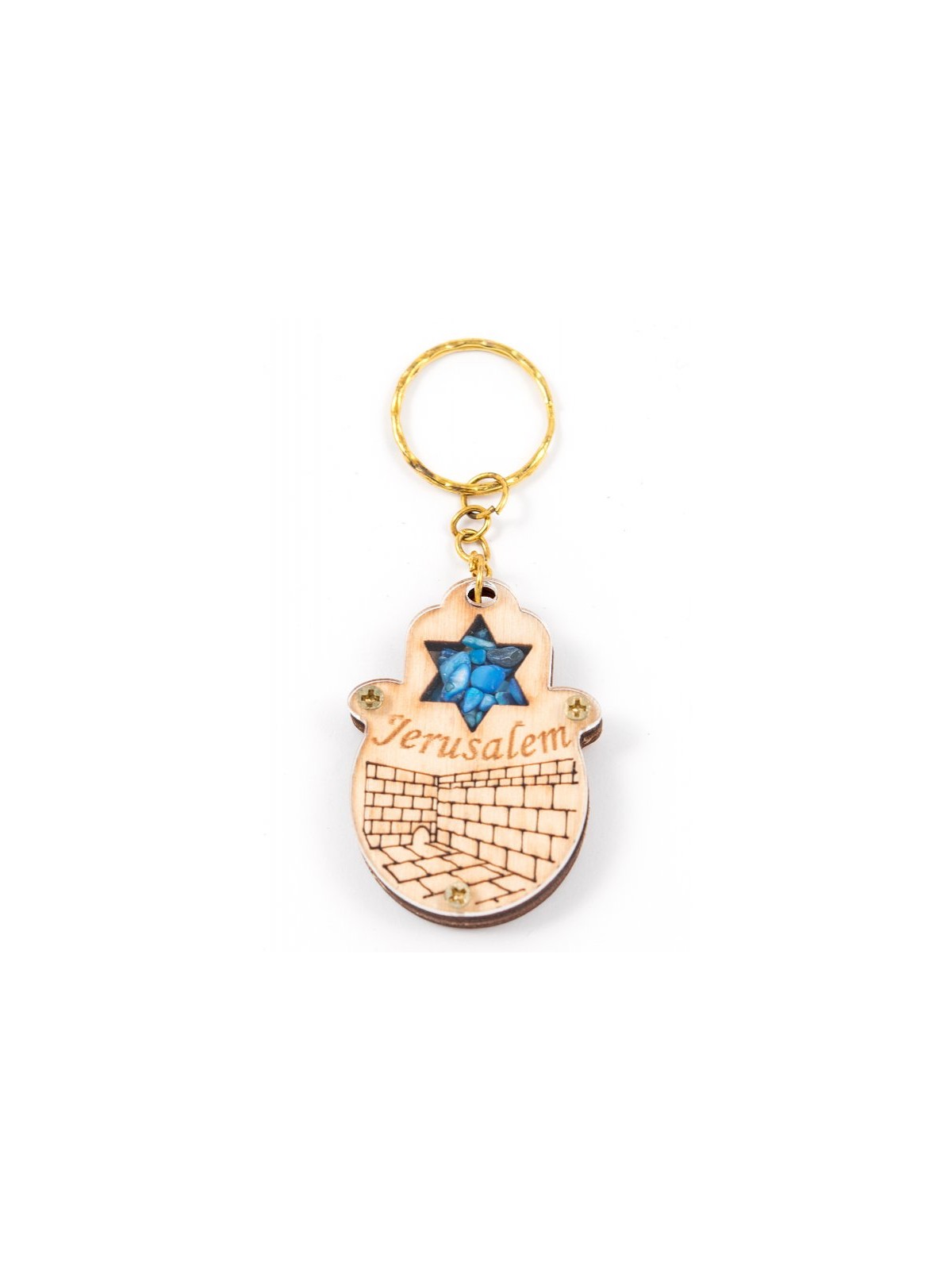 Wood Jerusalem Keychain with Semi Precious Ston... | Judaica Keychains