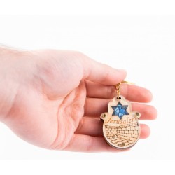 Wood Jerusalem Keychain with Semi Precious Ston... | Judaica Keychains