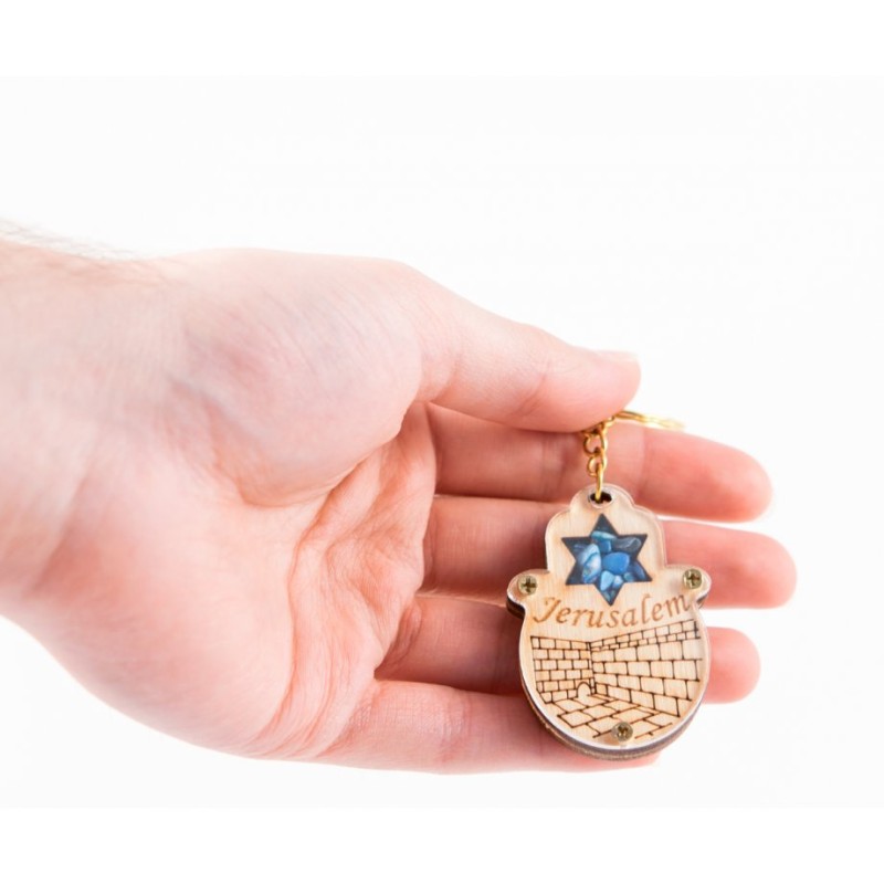 Wood Jerusalem Keychain with Semi Precious Ston... | Judaica Keychains