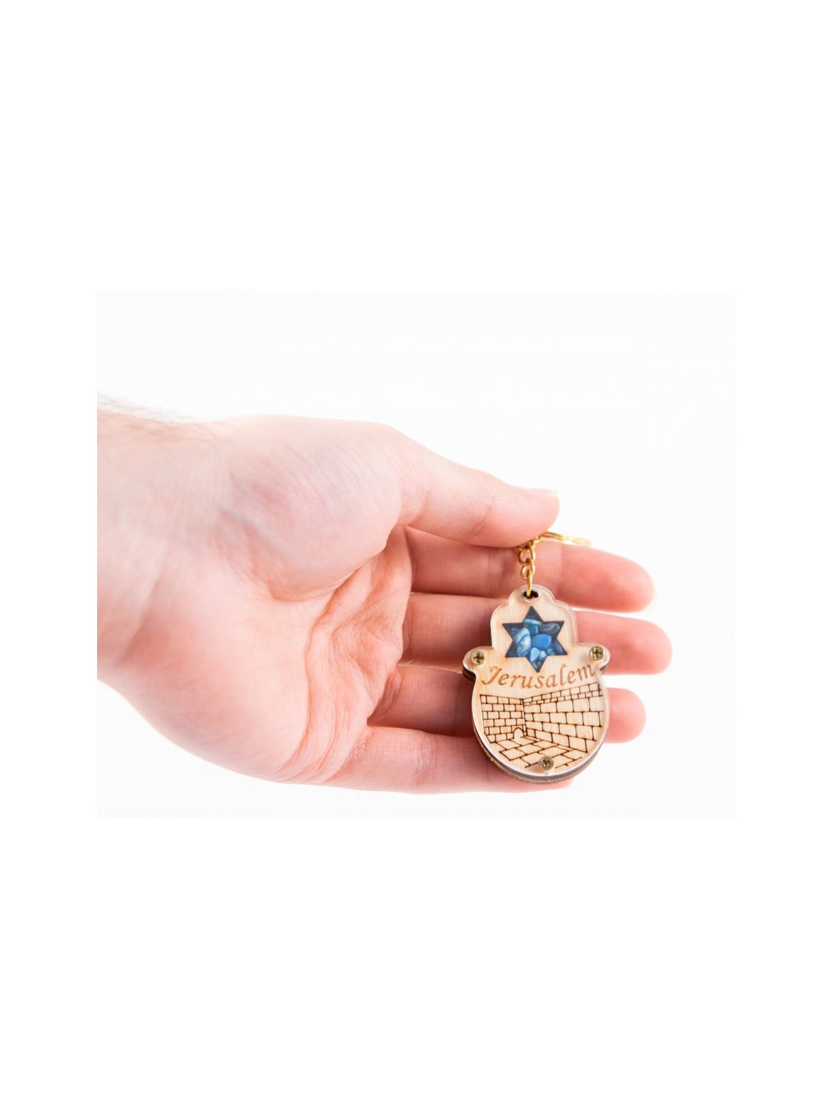 Wood Jerusalem Keychain with Semi Precious Ston... | Judaica Keychains