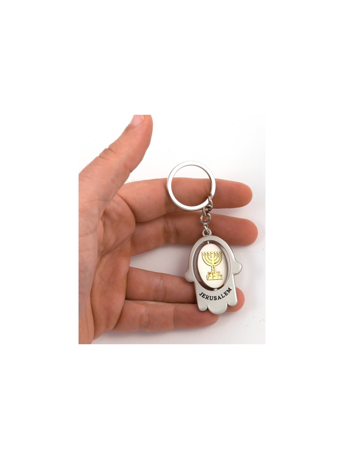 Silver Hamsa Key Chain with Swivel Center Gold ... | Judaica Keychains