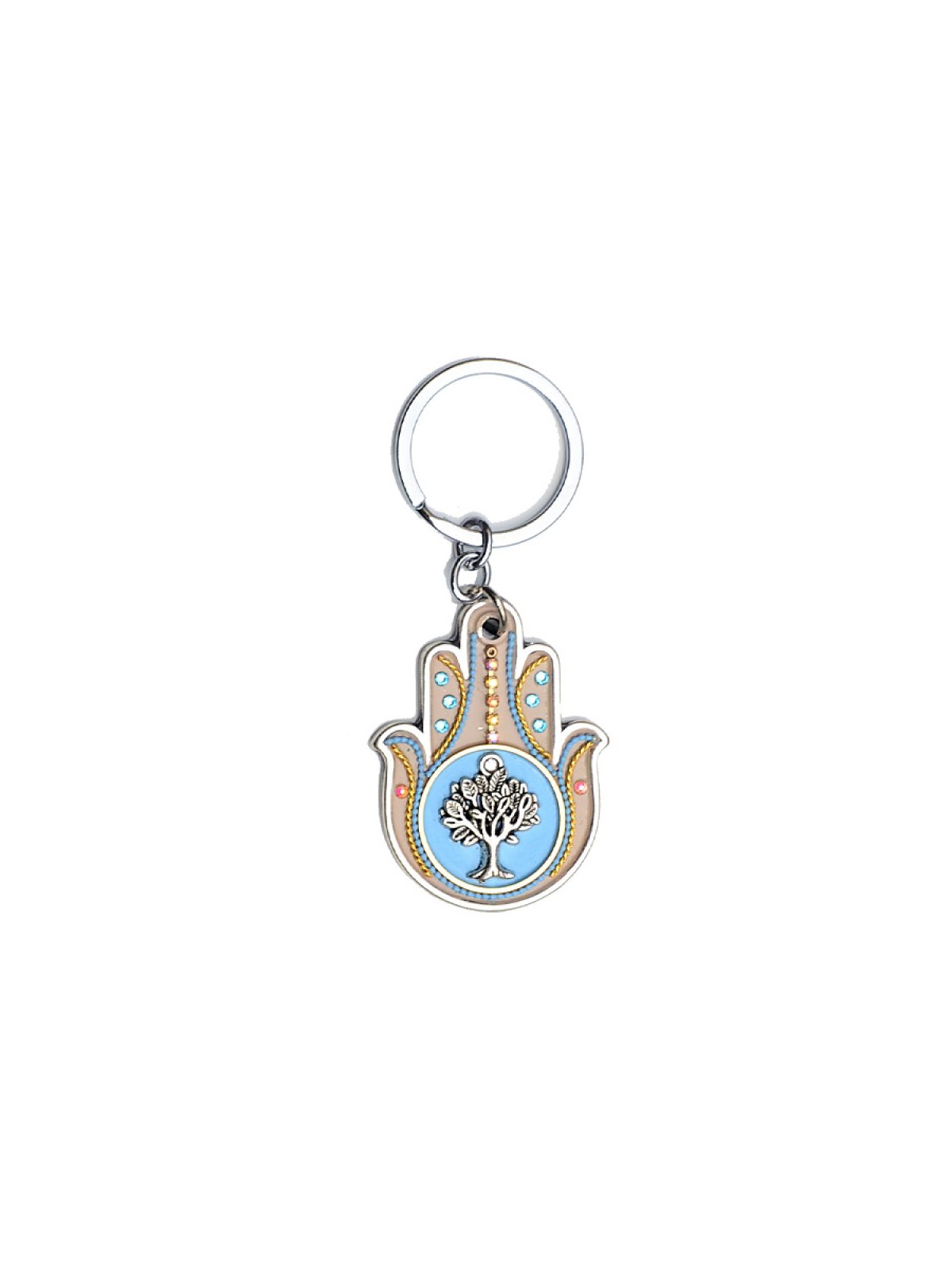 Tree of Life Hamsa Key Ring in Light Blue by Es... | Judaica Keychains