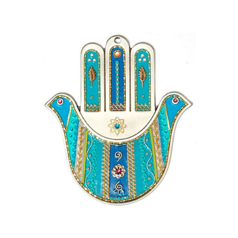 Pewter Wall Hamsa by Ester Shahaf Turquoise Doves | Hamsa Hands
