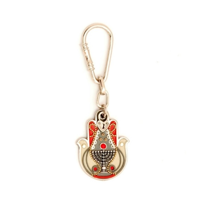Menorah Design Pewter Hamsa Keychain by Ester S... | Judaica Keychains