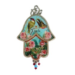 Iris Design Hamsa Wall Plaque with Songbirds and Pink... | Hamsa Hands