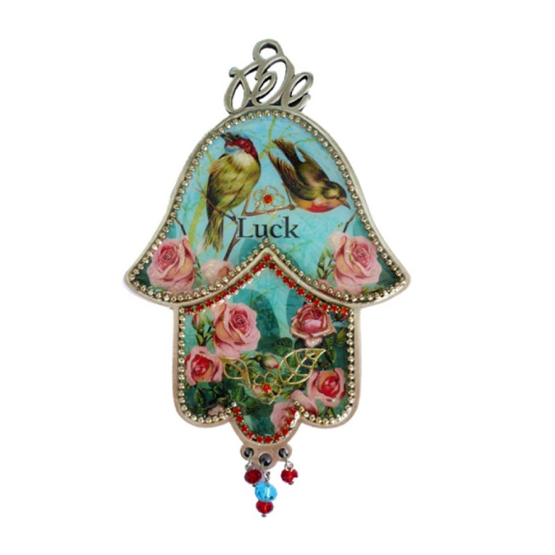 Iris Design Hamsa Wall Plaque with Songbirds and Pink... | Hamsa Hands