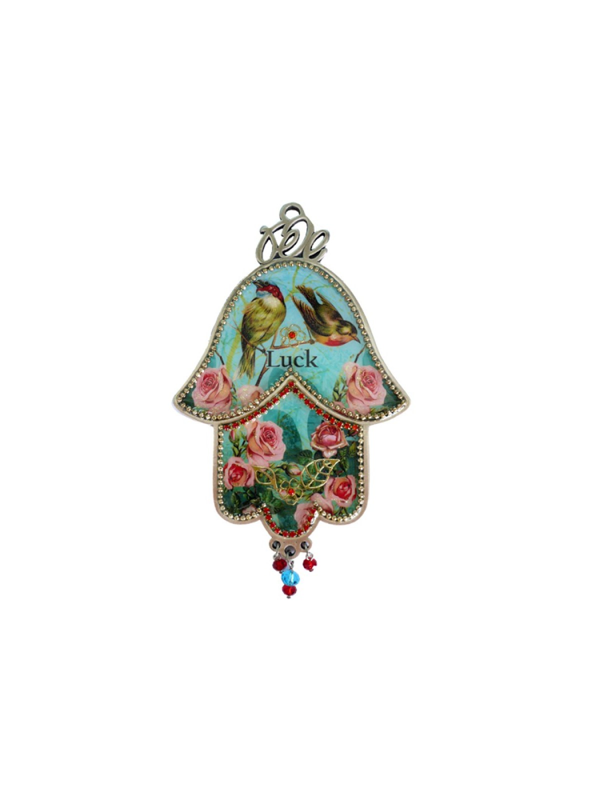 Iris Design Hamsa Wall Plaque with Songbirds and Pink... | Hamsa Hands