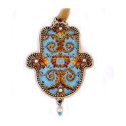 Iris Design Hamsa Wall Plaque Turquoise and Gold Swir... | Hamsa Hands