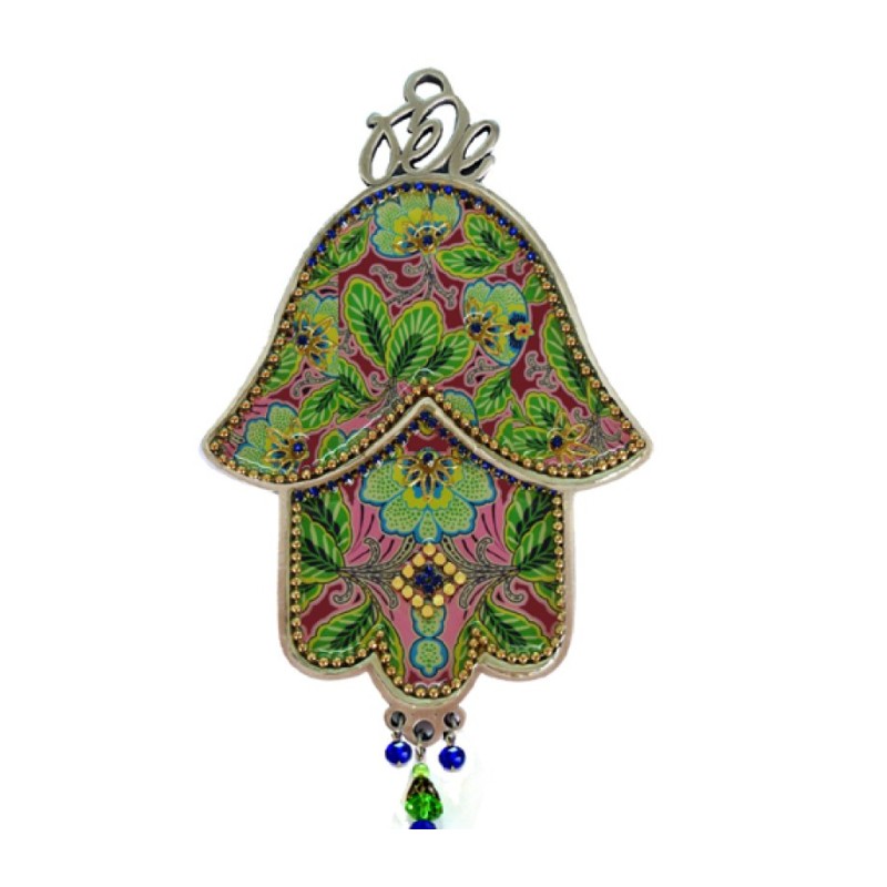 Iris Design Hamsa Wall Plaque Green and Pink Foliage ... | Hamsa Hands