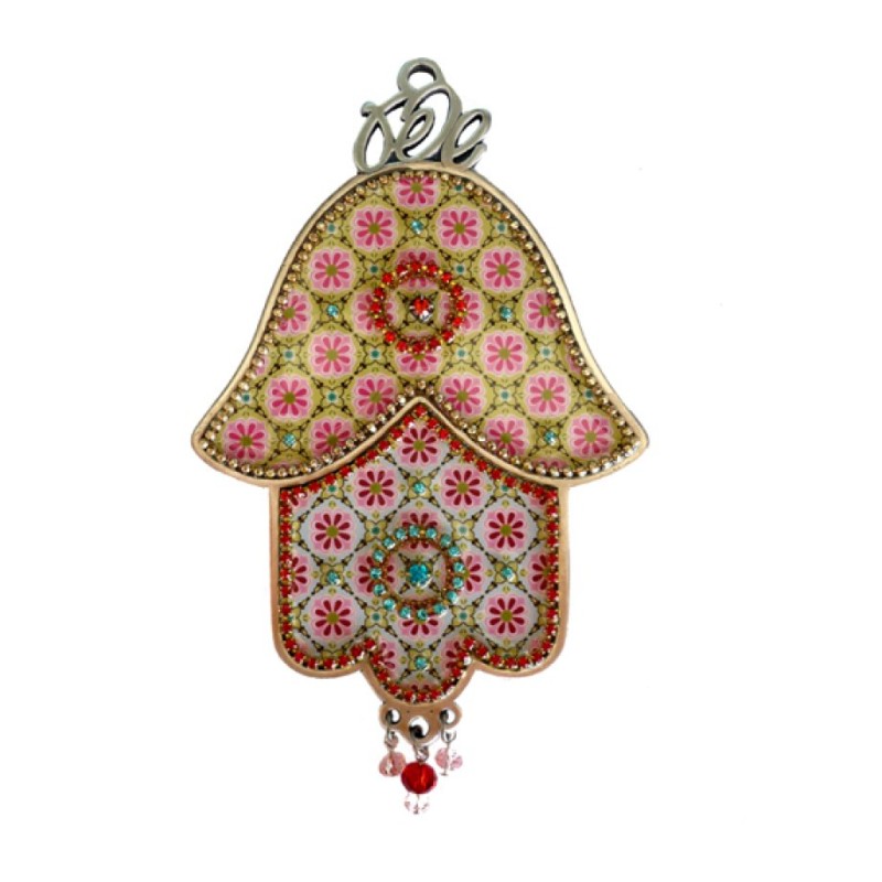 Iris Design Hamsa Wall Plaque Oriental Pink and Green... | Hamsa Hands