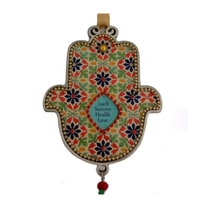 Iris Design Hamsa Wall Plaque Beaded Flowers with Ble... | Hamsa Hands