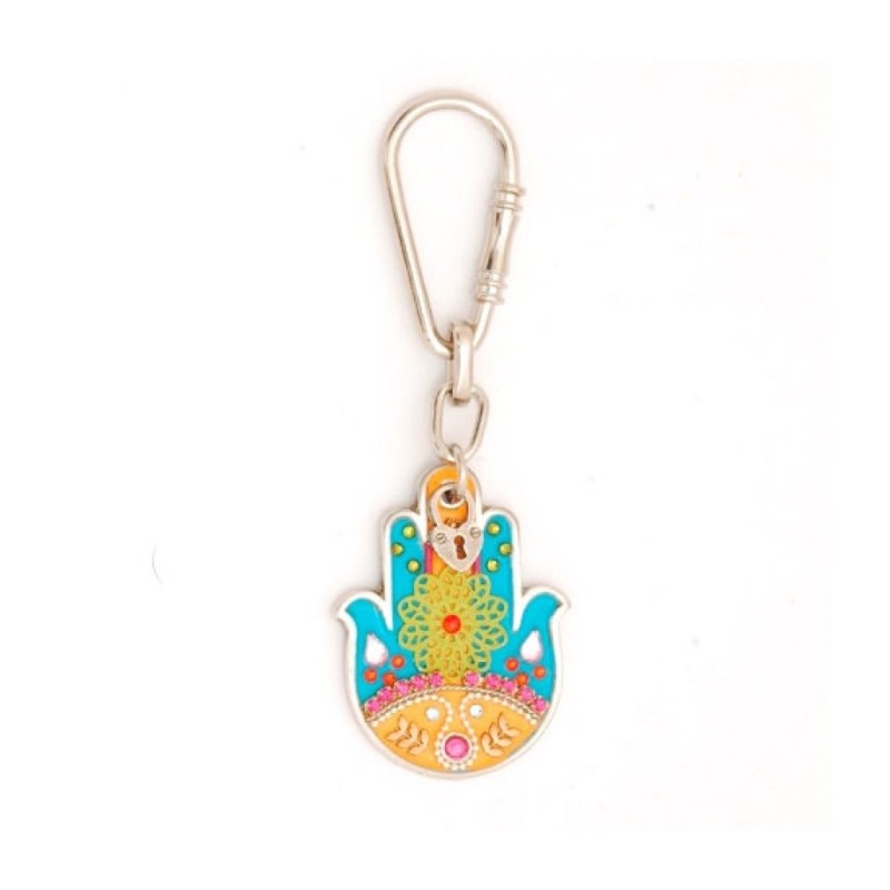 Turquoise Flower Hamsa Keychain by Ester Shahaf | Judaica Keychains