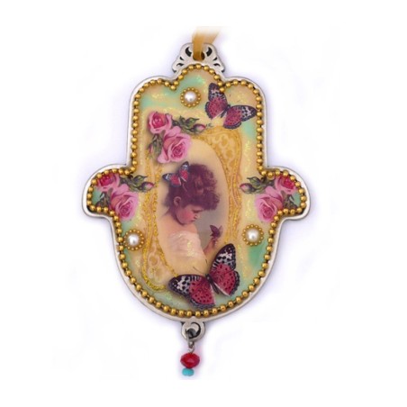 Iris Design Hamsa Wall Plaque Young Girl with Beaded ... | Hamsa Hands