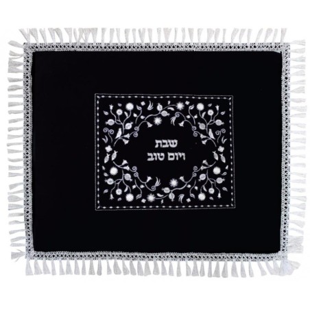 Classic Dark Blue Velvet Challah Cover with Silver... | Challah Covers