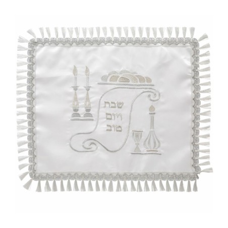 White Satin Challah Cover Silver Embroidery Shabba... | Challah Covers