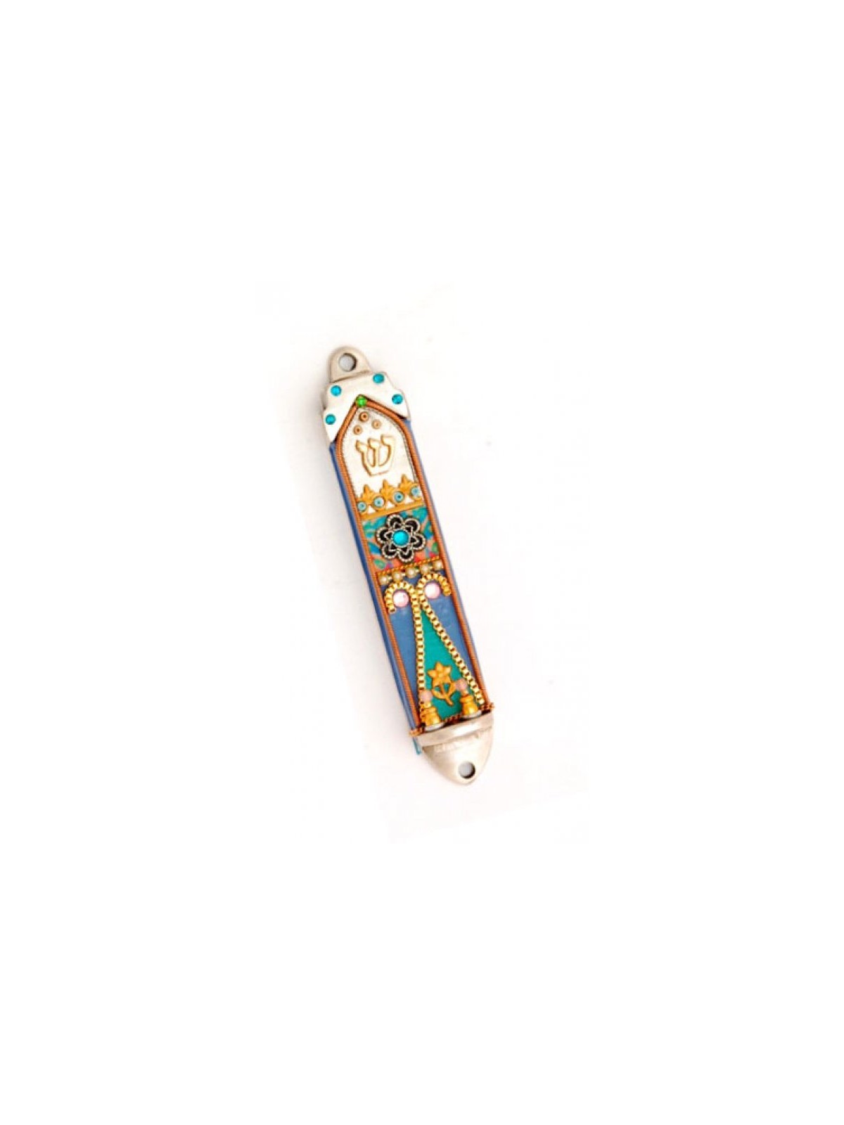 White and Turquoise Oriental Mezuzah Case | Mezuzah by Esther Shahaf