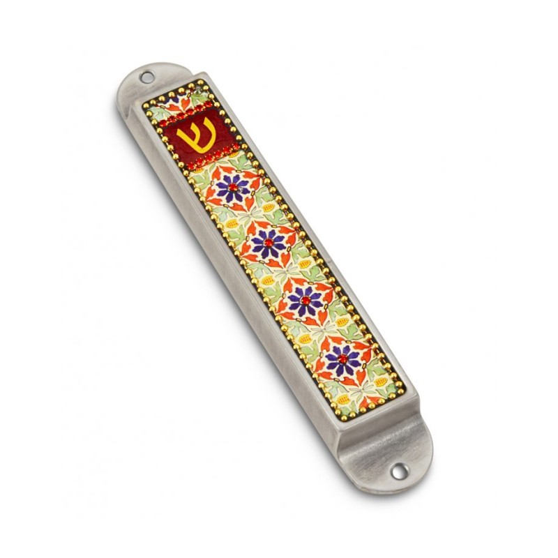 Iris Design Handmade Pewter Enamel Beaded Me... | Modern Mezuzah Cases