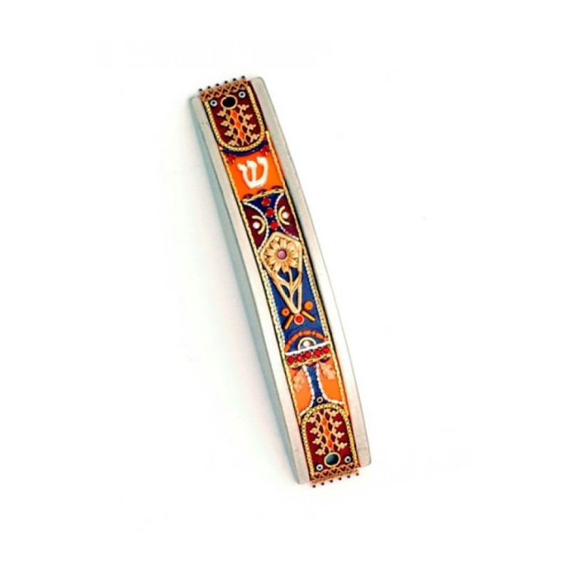 Curved Pewter Mezuzah in Orange and Blue... | Mezuzah by Esther Shahaf