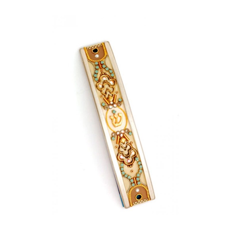 Gold Turquoise Curved Pewter Mezuzah Cas... | Mezuzah by Esther Shahaf