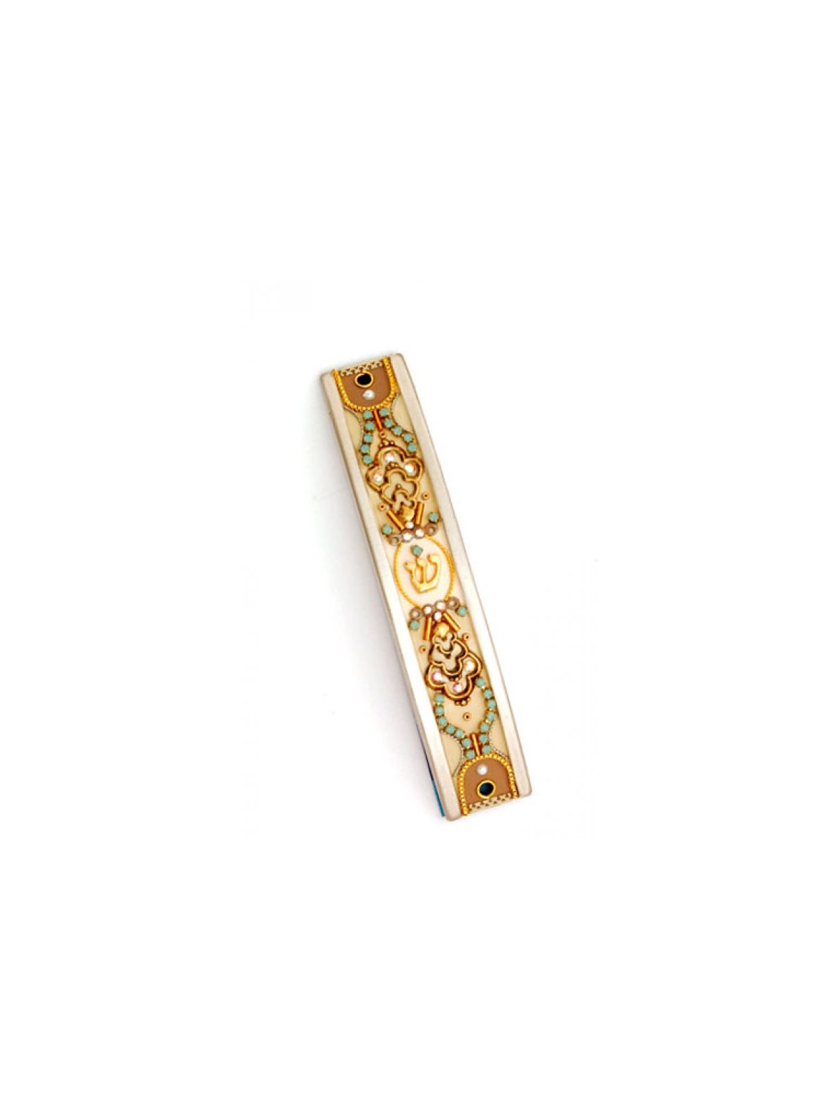 Gold Turquoise Curved Pewter Mezuzah Cas... | Mezuzah by Esther Shahaf