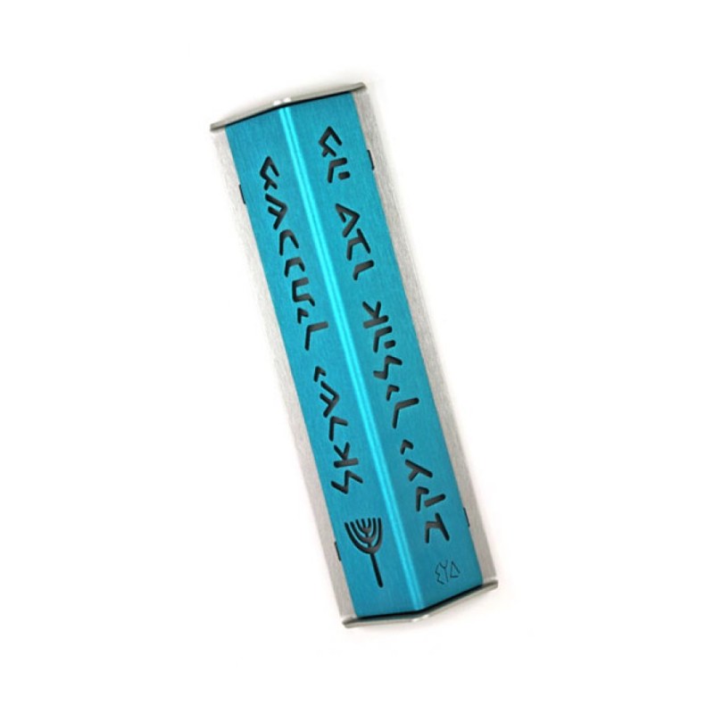 Shraga Landesman Angular Shiny Turquoise Alu... | Modern Mezuzah Cases