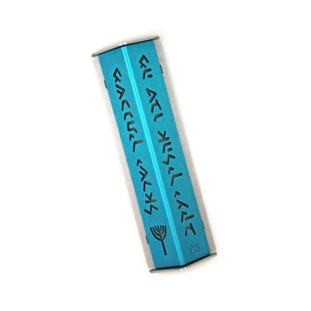 Shraga Landesman Angular Shiny Turquoise Alu... | Modern Mezuzah Cases