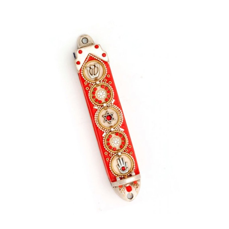 Red Hamsa Star of David Mezuzah Case Est... | Mezuzah by Esther Shahaf