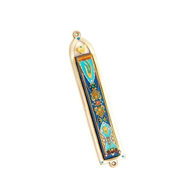Blue Oriental Design Pewter Mezuzah by E... | Mezuzah by Esther Shahaf
